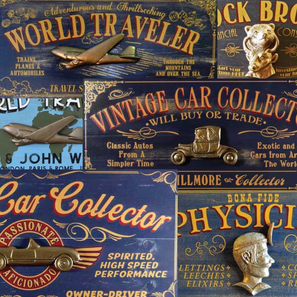 Collection of professional, hobby, passion and occupation novelty signs.