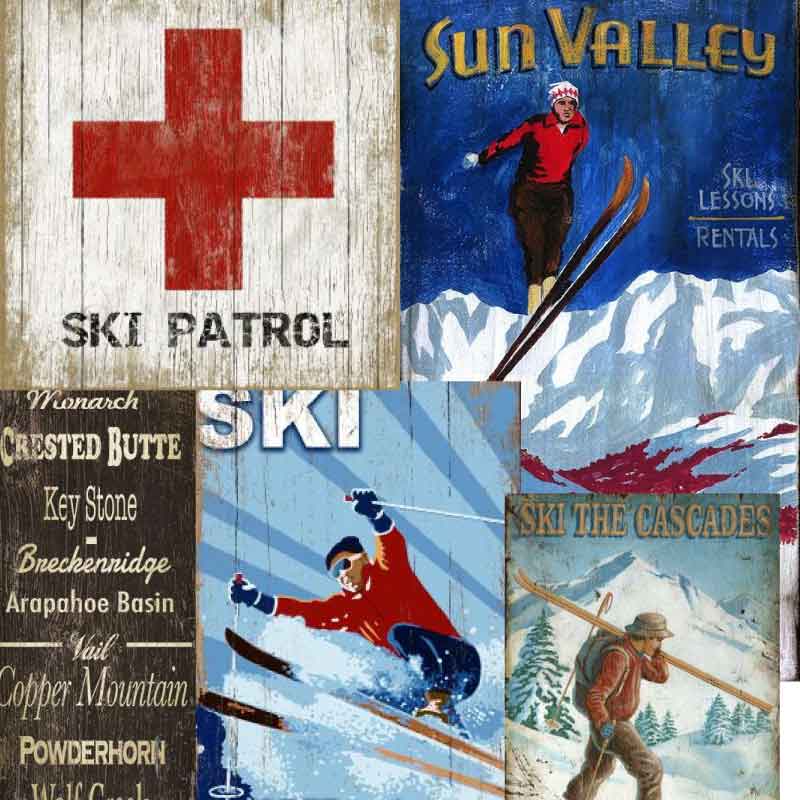 Collection of ski themed wood signs. Sun Valley. Ski. Ski Patrol. Ski the Cascades. Crested Butte.