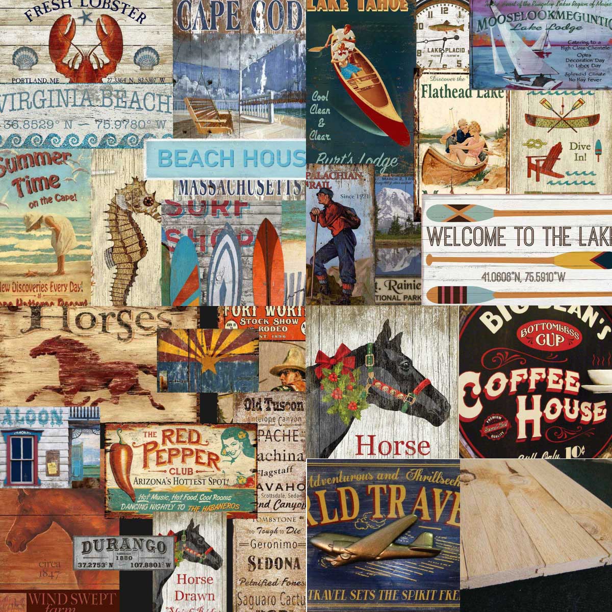 collection of vintage images printed on real wood boards