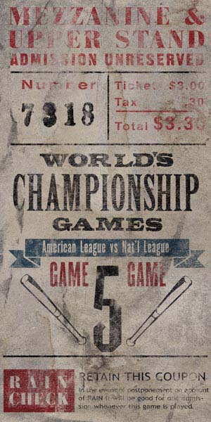 Vintage Ticket | Baseball | World Championship | Game 5 | Canvas Print | Wall Art