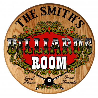 billiards room round wood sign - pool hall