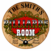 billiards room round wood sign - pool hall