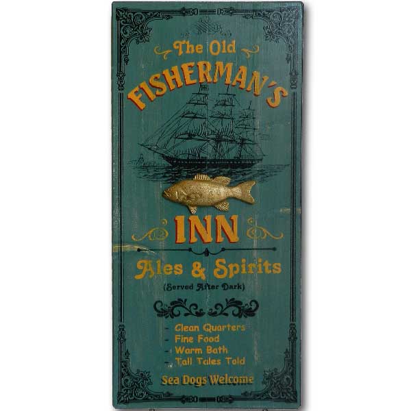 The Old Fisherman's Inn; vintage wood sign for restaurant, inn or alehouse