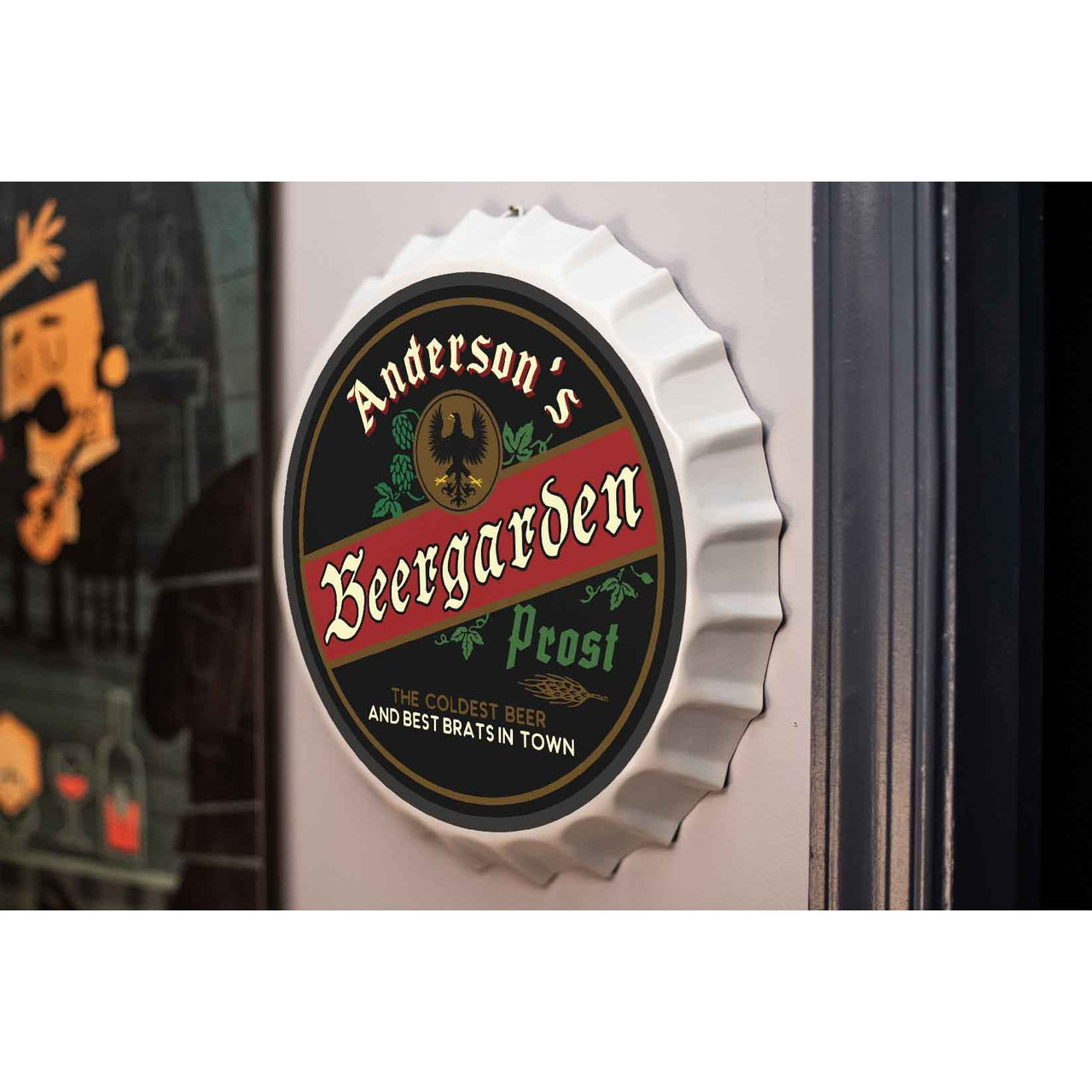 Beer Garden | Bottle Cap | Customizable | Prost | Round | 14 Inch | Metal Sign