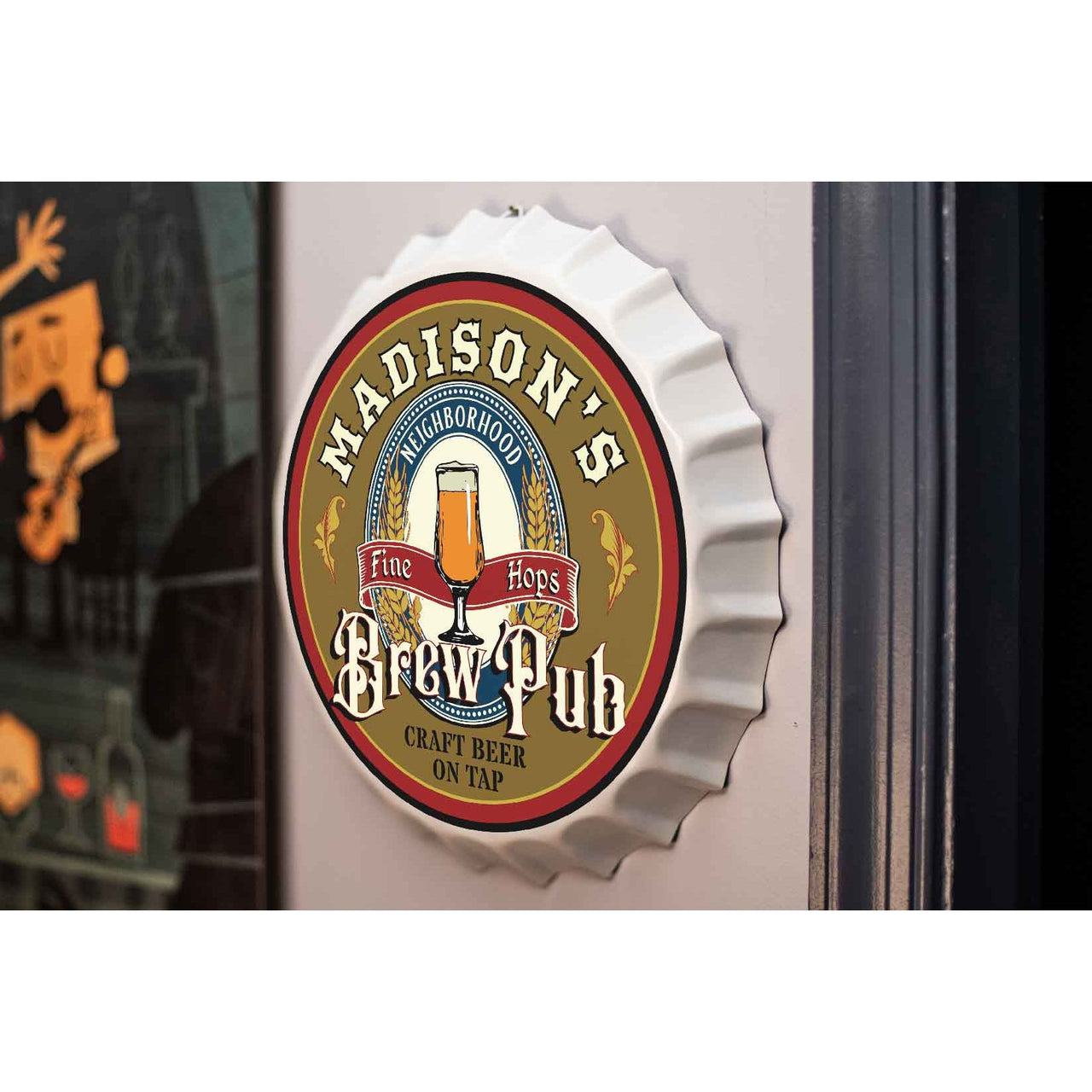 Brew Pub | Bottle Cap | Customizable | Round | 14 Inch | Metal Sign