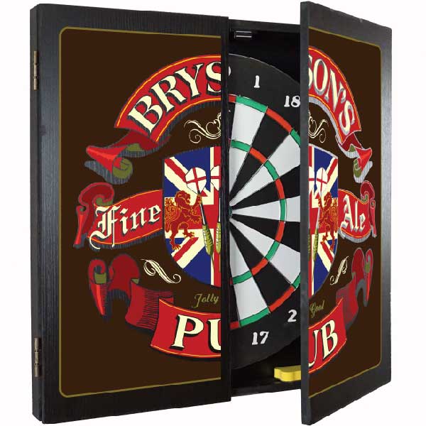Dartboard Set | Fine Ale | Wood Cabinet | English Pub