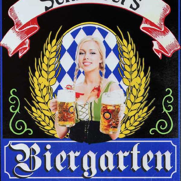 close up of image on wood Biergarten sign