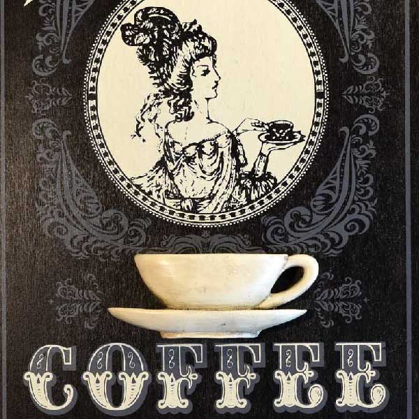 close up of old school coffee house wood sign