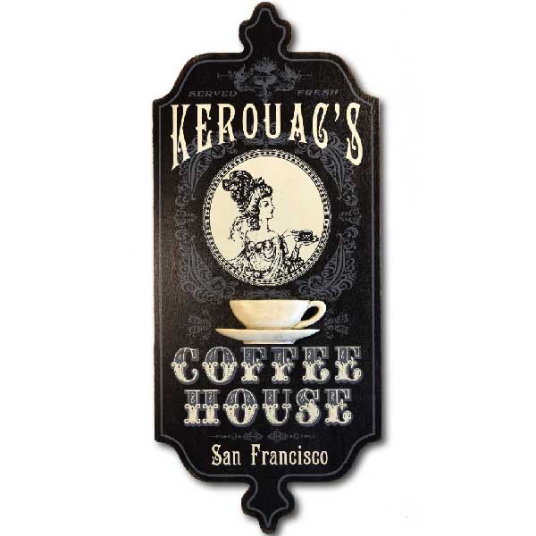 coffee house wood sign with white cup