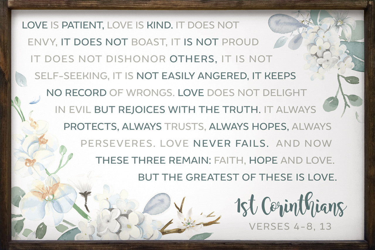 Corinthians | 1st | Wood Sign | Love is Patient | Love is Kind | Framed | 24" x 36"