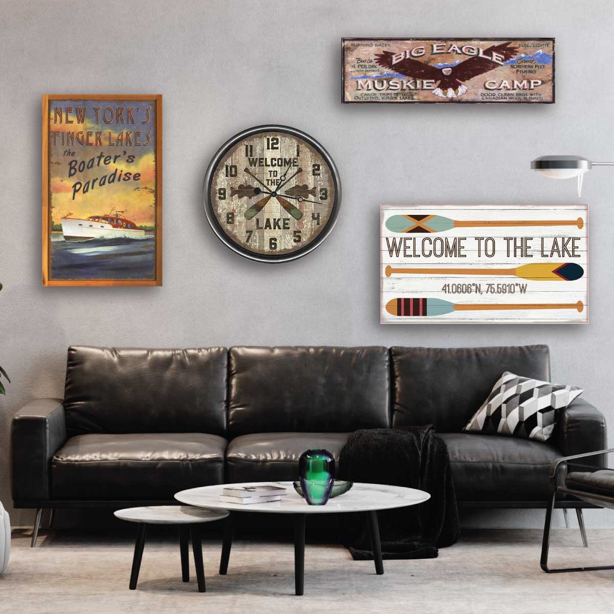 Wall decorations art for lake and mountain cabins; soaring eagle, welcome to the lake, new york finger lakes, rustic clock