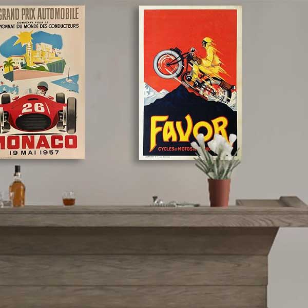 retro European motorcycle print on wood; mounted above a home bar