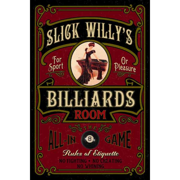 Vintage Billiards Room Poster | 1930s | Wood Sign | Slick Willy's | Pool Room