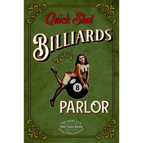 Vintage Billiards Poster | 1950s | Wood Sign | Quick Shot | Game Room