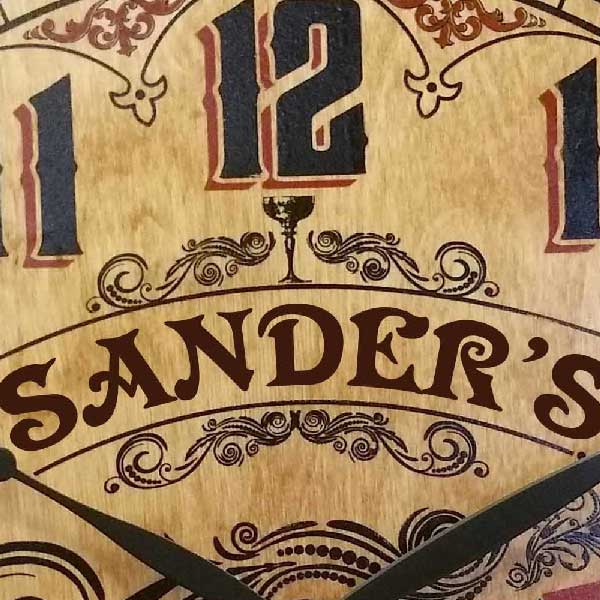 close up of face of wine bar wood clock