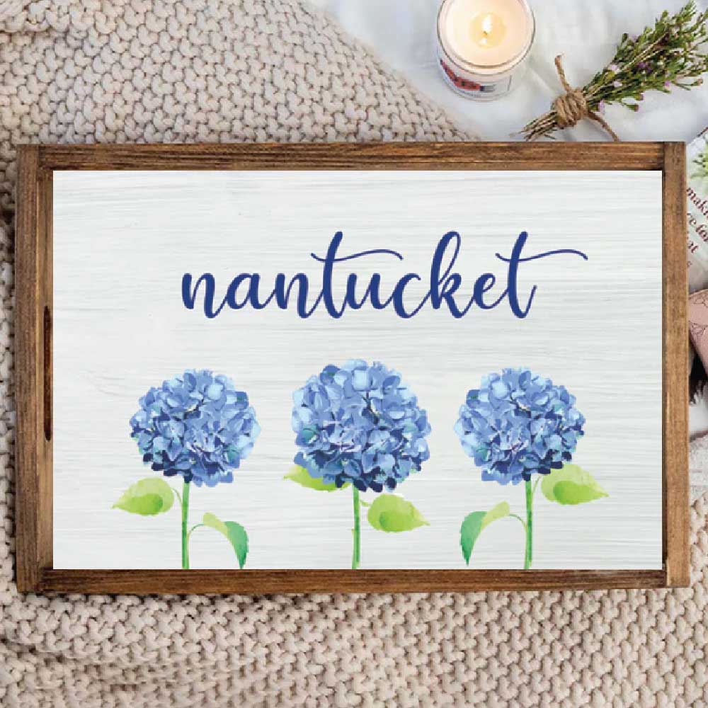 Hortensia or snowball plant customizable wood serving tray