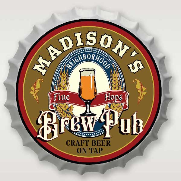 Personalized metal bottle cap sign for Brew Pub