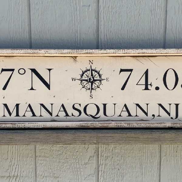 close up of vintage style wood sign with compass rose
