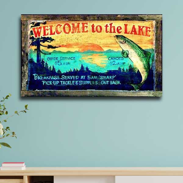 Wood Sign Lake Fish Wall Art