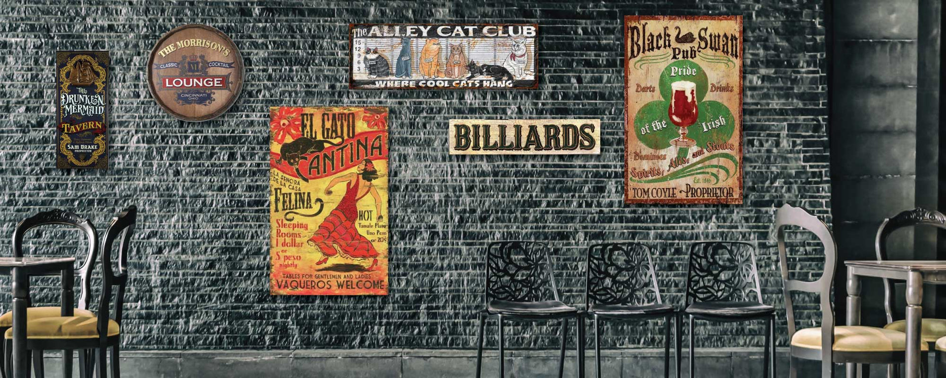 Pub wall with vintage wood signs