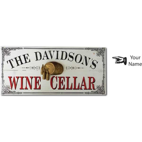 customizable vintage wood sign for The Davidson's Wine Cellar. White with black and red lettering