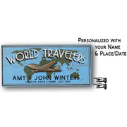 customizable Wood sign for World Traveler with world map and 3D relief of a DC3 airplane
