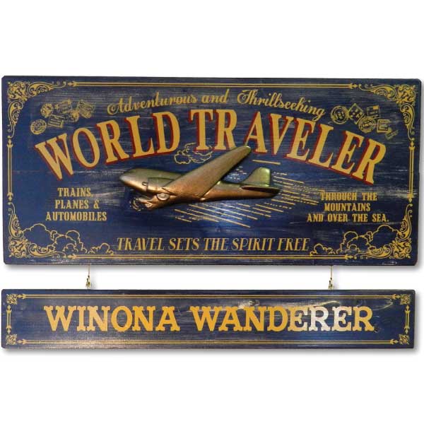 World Traveler Novelty Sign | 3D Relief of Airplane | Personalize with a Nameplate