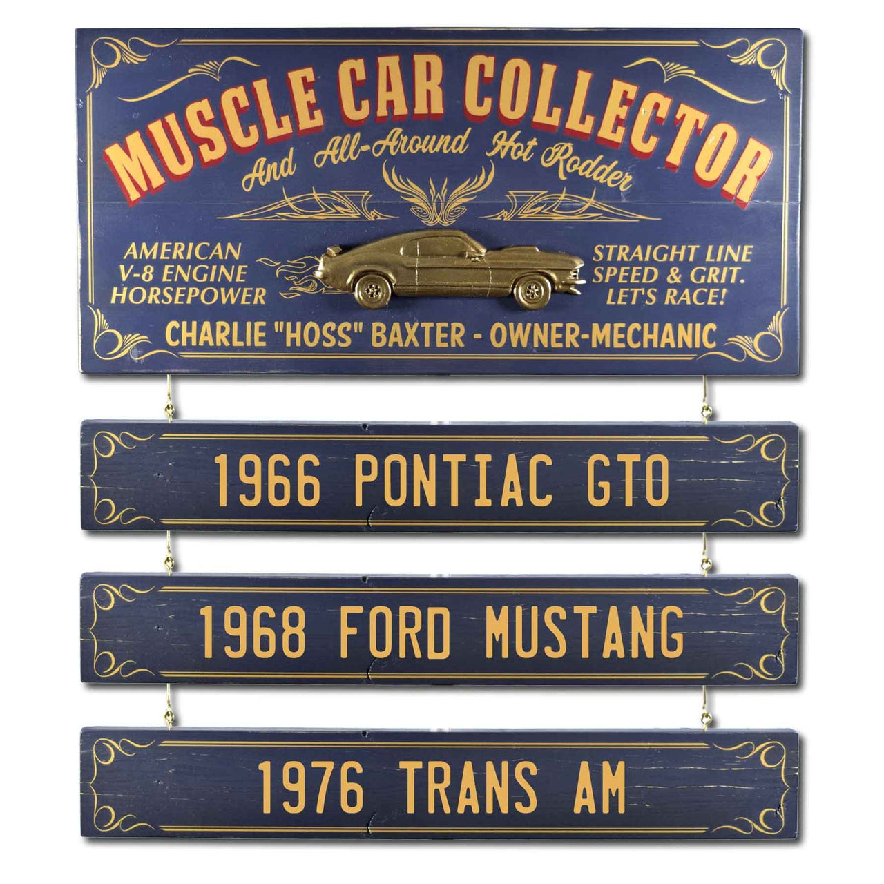 Blue and gold sign for Muscle Car Collector; raised image of car; hanging boards with car names