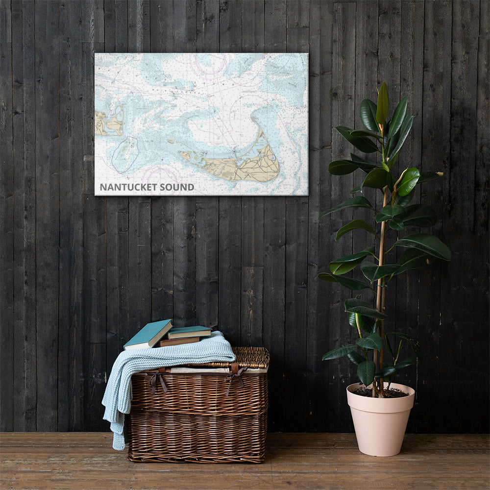 Wall art of Nantucket Sound hanging on dark wood wall