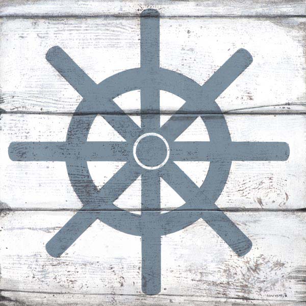 canvas print of ship's wheel with look of distressed wood boards