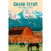 barn and horses in valley with Grand Tetons
