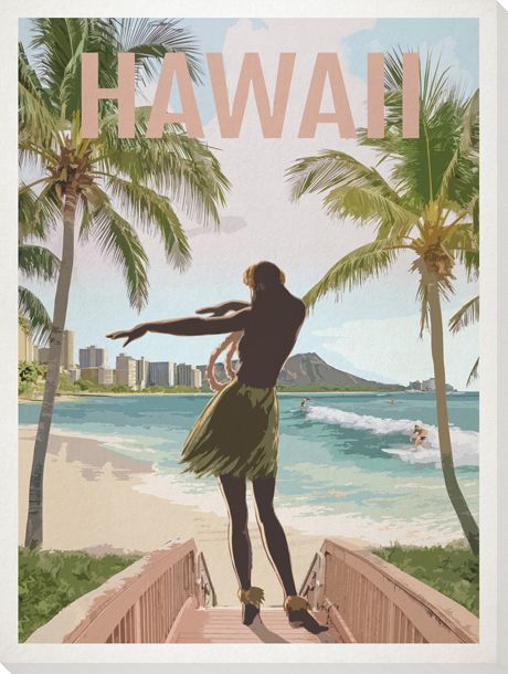 Hula Dancer on Waikiki Beach Print  with palm trees