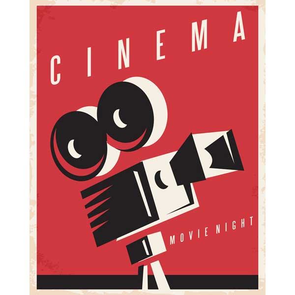 Image of a old school movie camera with text: Cinema Movie Night