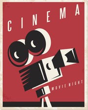 Classic image of a old school movie camera with text: Cinema Movie Night