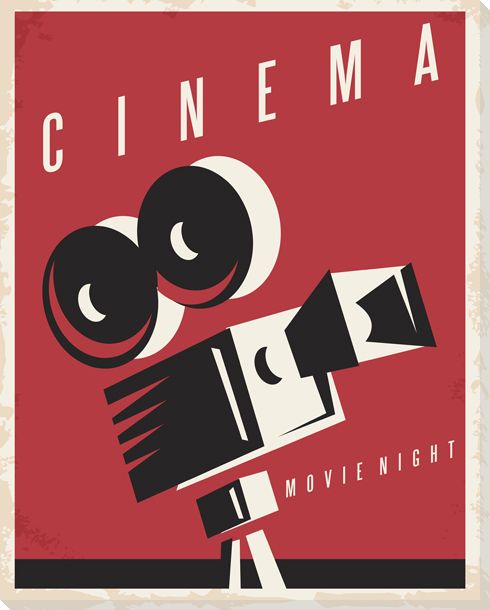 Image of a old school movie camera on a red background: Movie Night!