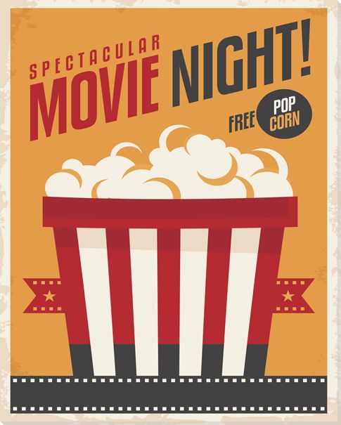 Movie Night canvas print with tub of Popcorn and a yellow background