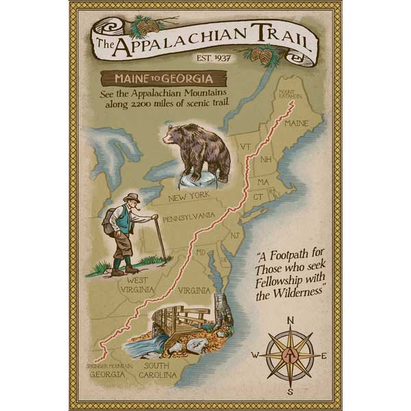 wood sign with map of Appalachian Trail