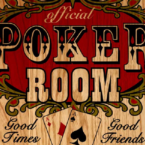 close up of poker room wood sign