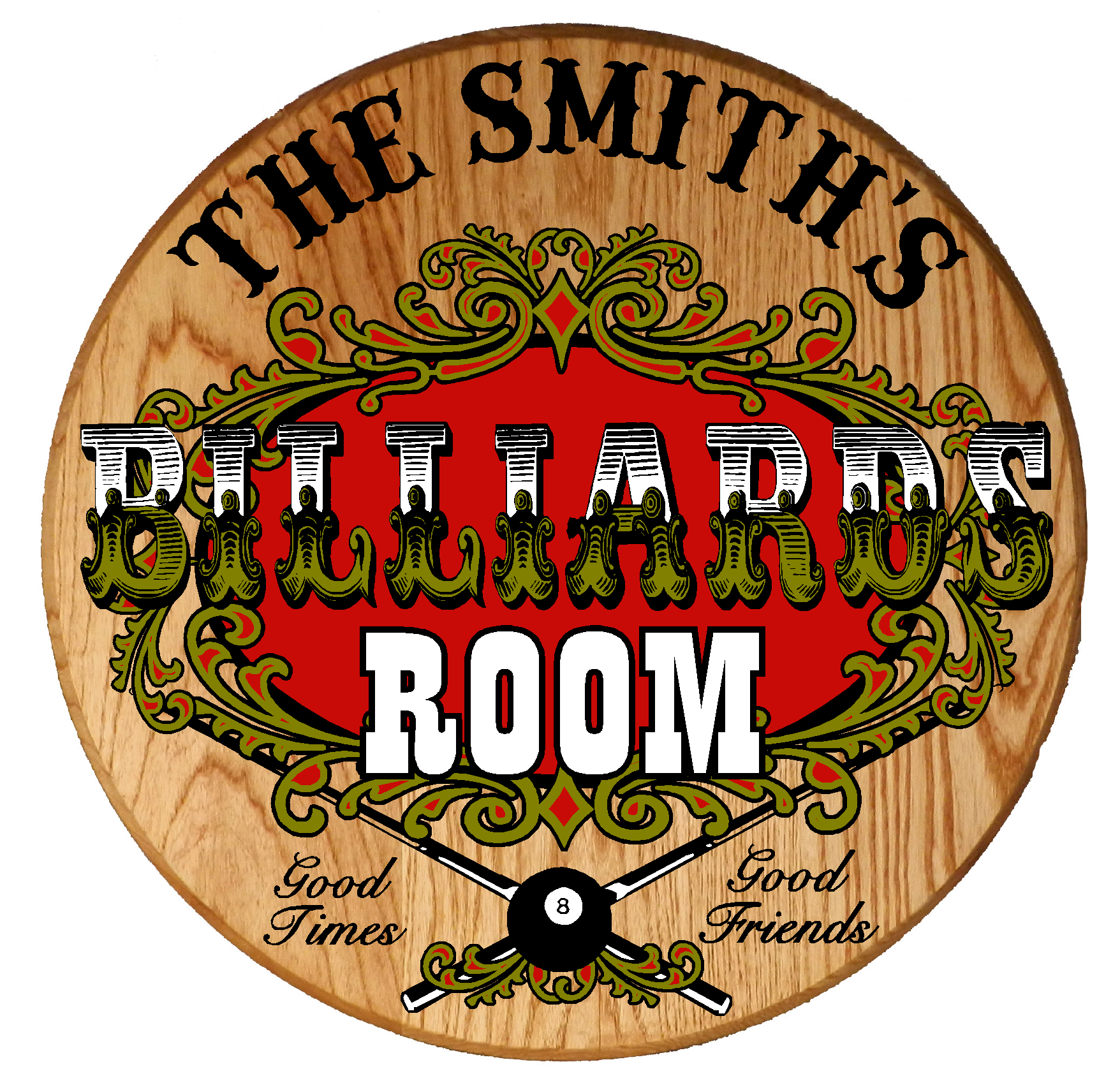 personalize this billiards room round wood sign
