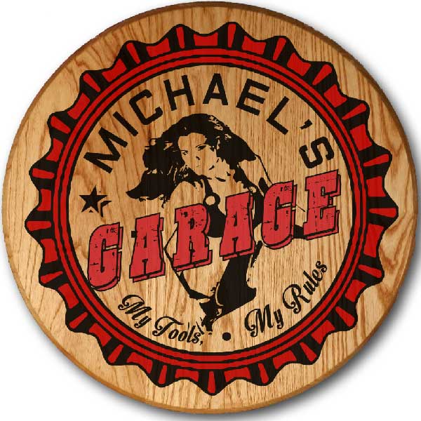 round wood sign for Michael's Garage - personalize it