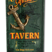 close up of vintage wood sign for The Rusty Anchor Tavern; Sea dogs welcome