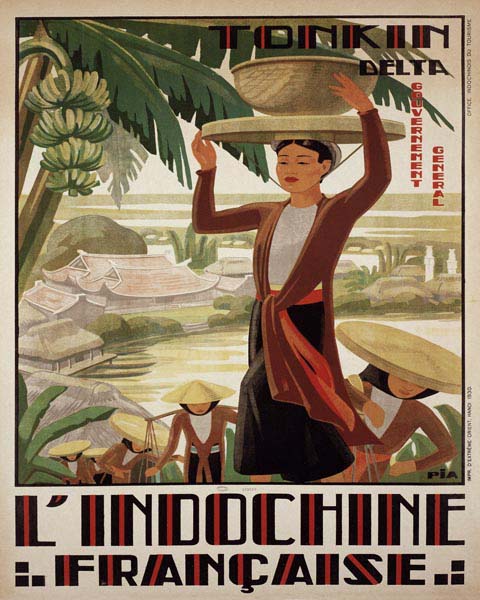 old school print on canvas of Tonkin Delta in Indochine