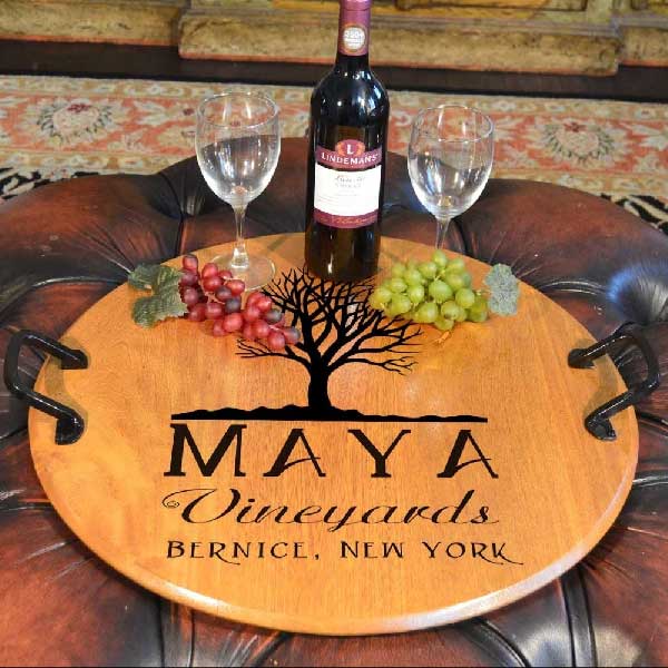 round serving tray with vineyard name