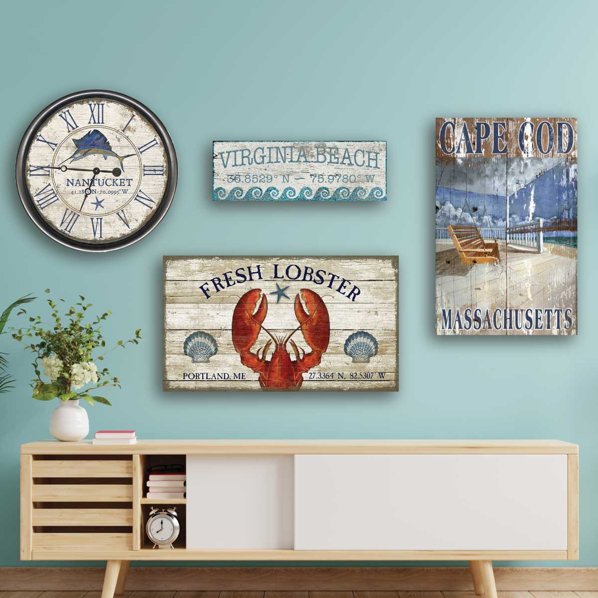 Coastal and ocean themed vintage-style wall art - Virginia Beach, Cape Code and Fresh Lobster wood signs and Nantucket sailfish clock