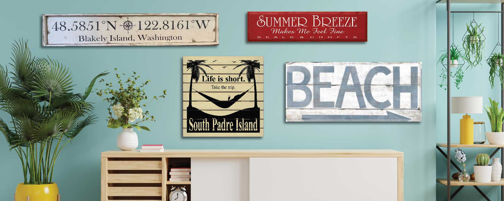 Coastal and ocean themed vintage-style wall art - beach house wood signs and art prints