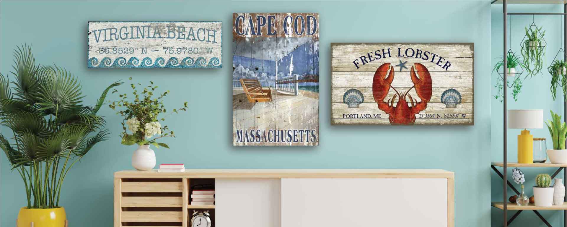 Coastal and ocean themed vintage-style wall art - Beach town, beach house front porch and Fresh Lobster wood signs