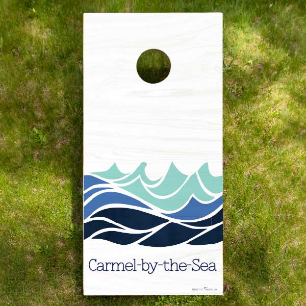 full size corn hole with ocean waves and custom text