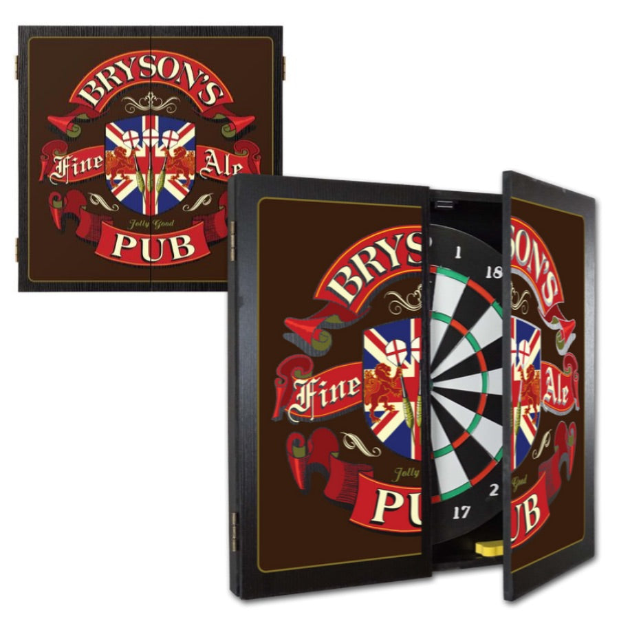 Dartboard Set | Fine Ale | Wood Cabinet | English Pub | Personalize It