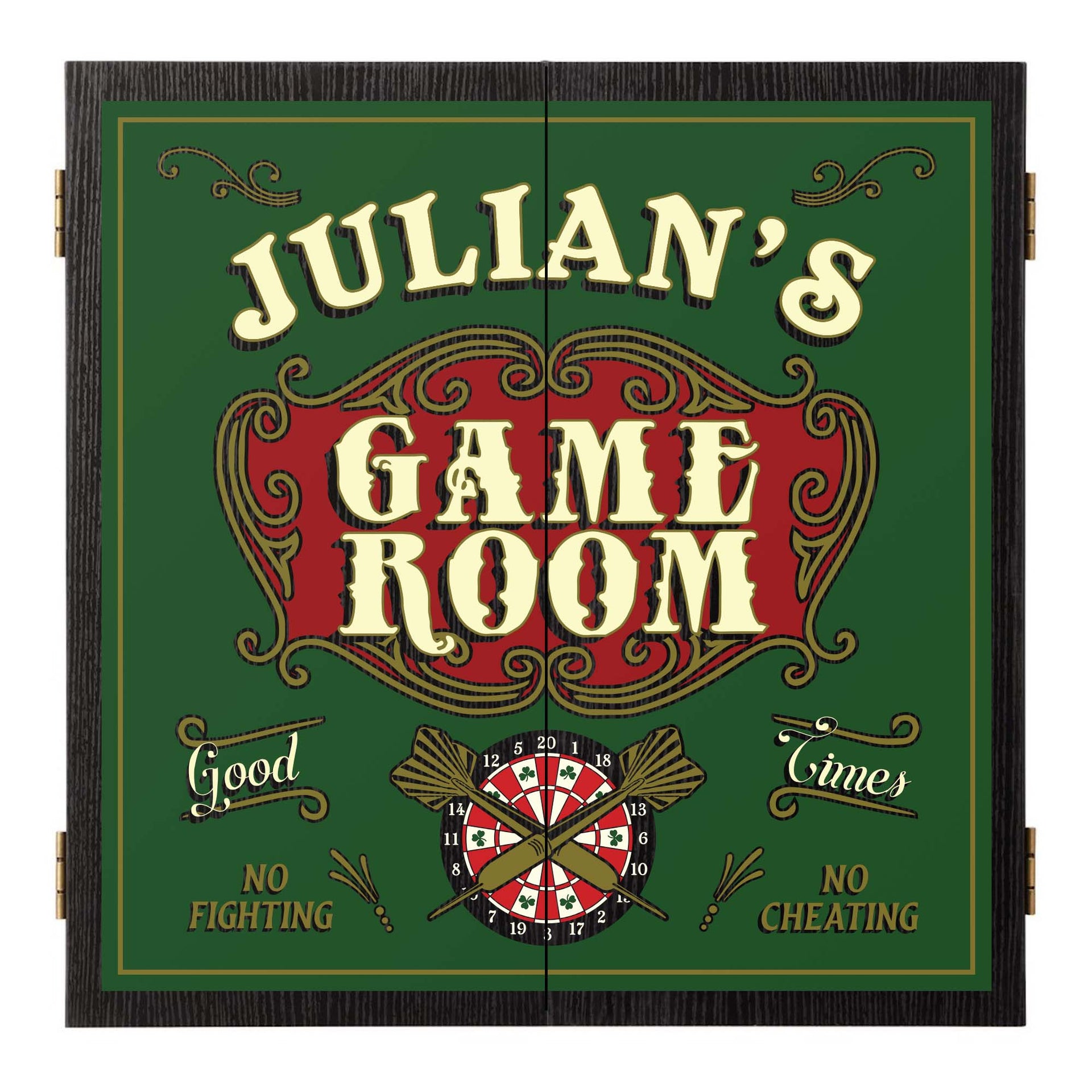 green game room dartboard with cabinet