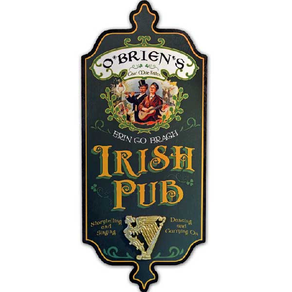 shape wood sign for Irish Pub with image and a harp